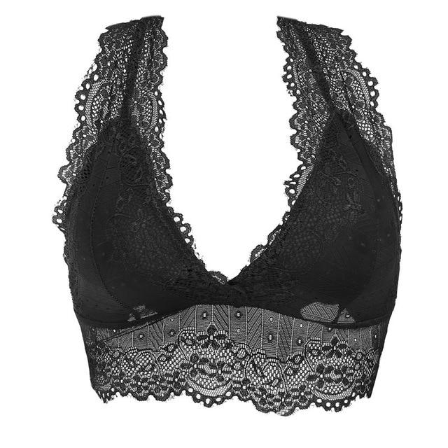 Plus Size Lace Bralette Hollow Out Wire Free Bra Deep V Red Transparent Backless Lingerie Paded Underwear Wireless Underwire New