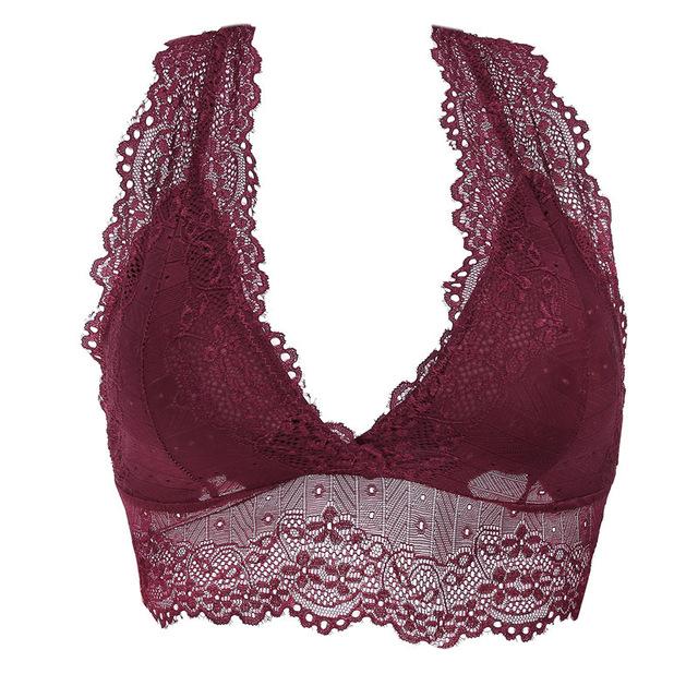 Plus Size Lace Bralette Hollow Out Wire Free Bra Deep V Red Transparent Backless Lingerie Paded Underwear Wireless Underwire New