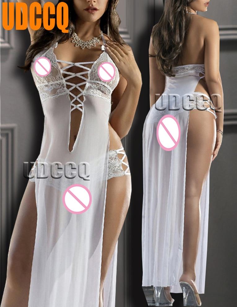 sexy lace long dressing night gown sheer transparent dress evening nightgown nightie sleepwear lingerie Newest split skirt Cospl