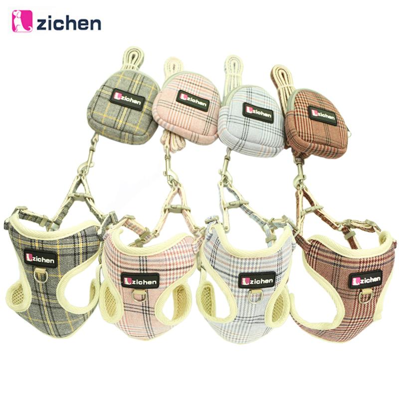 Zichen Pet Dog Harness Leash Snack bag Adjust Fiber Cotton Cloth Nickel Buckle Dog Harness Vest Double Reinforcement 4 Color