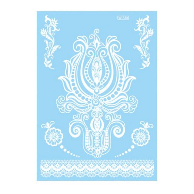 1Piece 14.8*20.8cm Indian Arabic Designs Lace Flash Tribal White Tattoo Paste Fake Tatoo Sticker Girls On Body Hand Choker