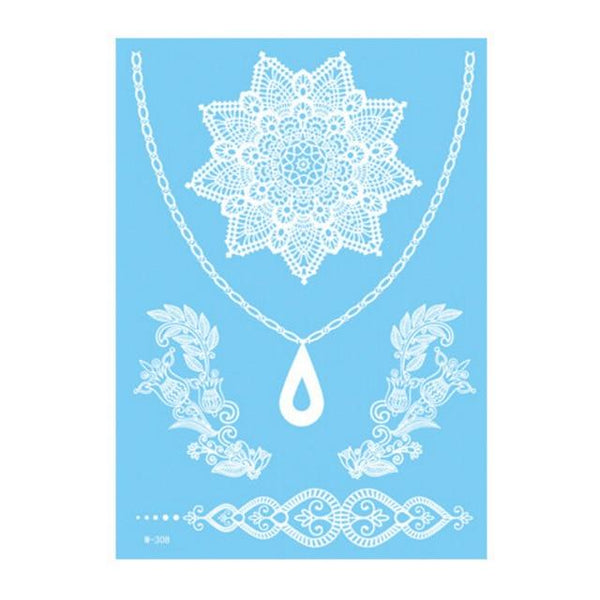 1Piece 14.8*20.8cm Indian Arabic Designs Lace Flash Tribal White Tattoo Paste Fake Tatoo Sticker Girls On Body Hand Choker