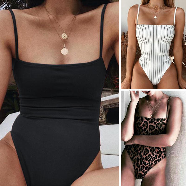 Sexy Reversible Leopard/Solid/Stripe Bandeau One-Piece Bodysuit Monokini Female High Cut Thong Swimwear Women One Piece Swimsuit