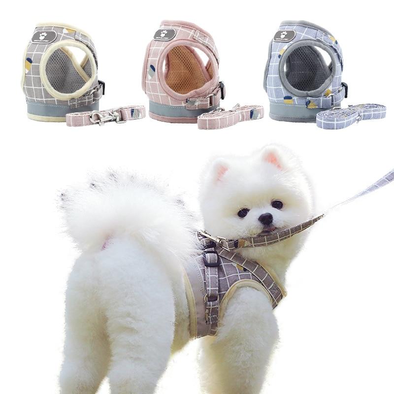 Pet Dog Cat Harness with Leash Adjustable Vest Walking Supplies Soft Breathable Plaid Collar Puppy for Small Medidum Large Dogs