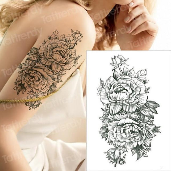 temporary tattoo black flower tattoo sleeves water transfer tatoo sticker peony rose tattoos body art sexy tatoo girl arm tatto