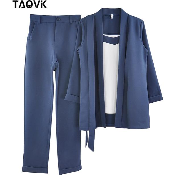 TAOVK Women 3 Pieces Set OL Pant Suit Bracelet Sleeve Belted Blazer Jacket and Sleeveless Vest Tops and Long Trouser Suits