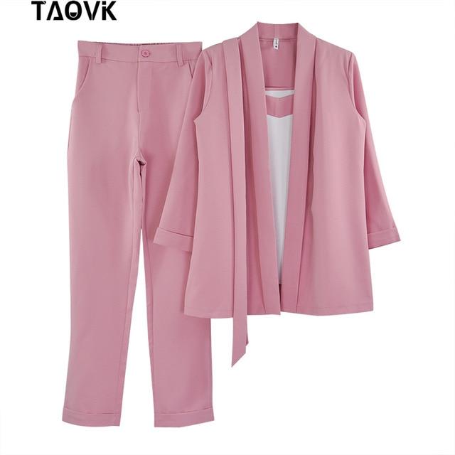 TAOVK Women 3 Pieces Set OL Pant Suit Bracelet Sleeve Belted Blazer Jacket and Sleeveless Vest Tops and Long Trouser Suits