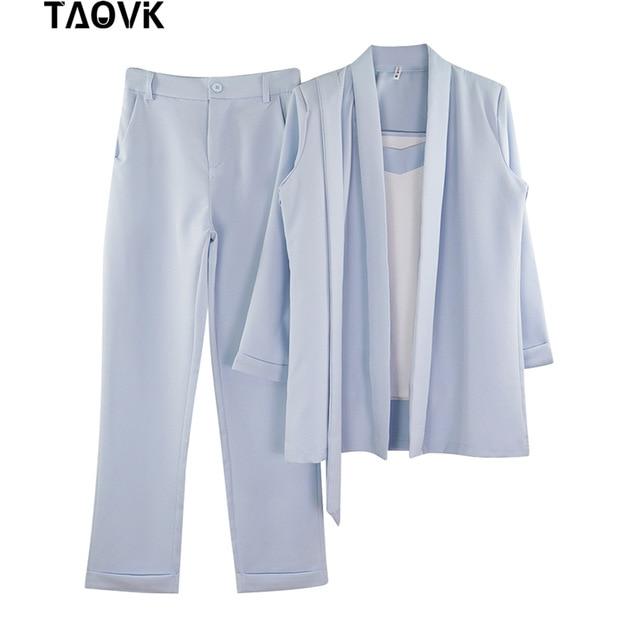 TAOVK Women 3 Pieces Set OL Pant Suit Bracelet Sleeve Belted Blazer Jacket and Sleeveless Vest Tops and Long Trouser Suits
