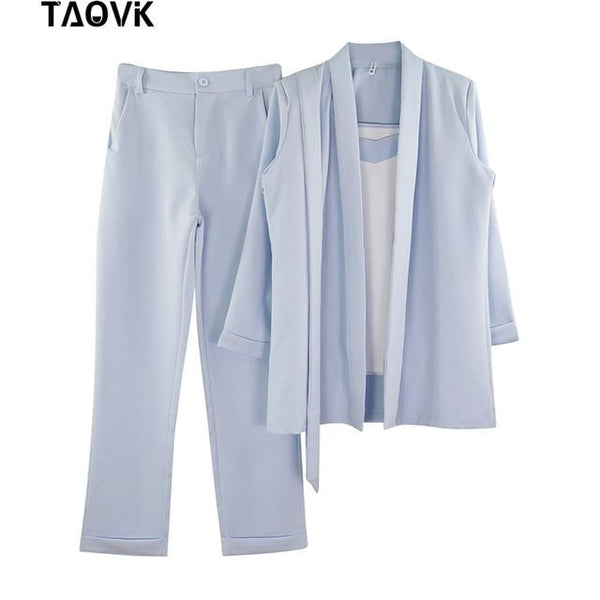 TAOVK Women 3 Pieces Set OL Pant Suit Bracelet Sleeve Belted Blazer Jacket and Sleeveless Vest Tops and Long Trouser Suits
