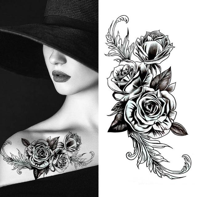 Black big flower beautifulred rose flower Body Art Waterproof fake sexy For Woman Flash TemporaryTattoo Stickers 10*20CM KD1140