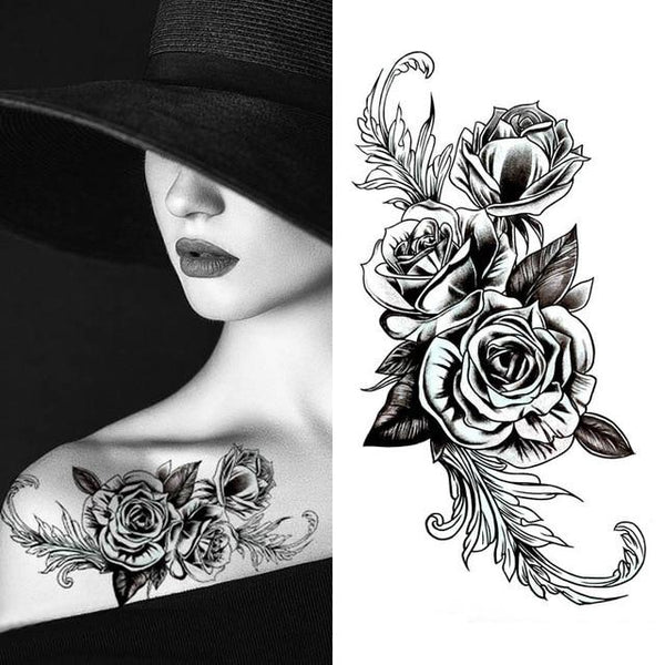 Black big flower beautifulred rose flower Body Art Waterproof fake sexy For Woman Flash TemporaryTattoo Stickers 10*20CM KD1140