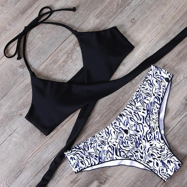 Sexy Bandage Bikinis Set Brazilian Print Bikini Women Front Cross Halter Push up Swimwear Floral Bottom 2 Piece Cute Swimsuits