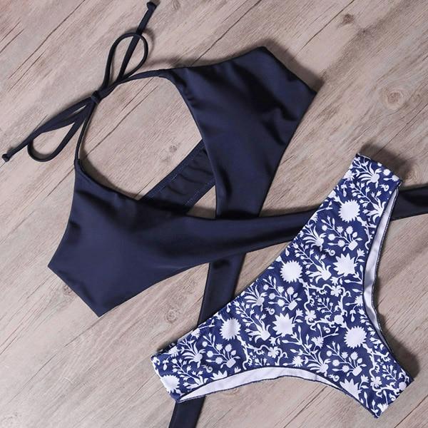 Sexy Bandage Bikinis Set Brazilian Print Bikini Women Front Cross Halter Push up Swimwear Floral Bottom 2 Piece Cute Swimsuits