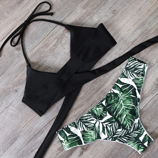 Sexy Bandage Bikinis Set Brazilian Print Bikini Women Front Cross Halter Push up Swimwear Floral Bottom 2 Piece Cute Swimsuits