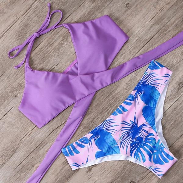 Sexy Bandage Bikinis Set Brazilian Print Bikini Women Front Cross Halter Push up Swimwear Floral Bottom 2 Piece Cute Swimsuits