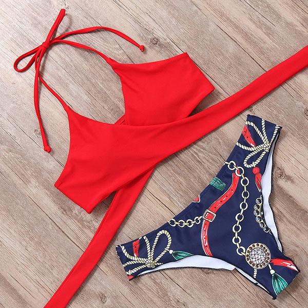 Sexy Bandage Bikinis Set Brazilian Print Bikini Women Front Cross Halter Push up Swimwear Floral Bottom 2 Piece Cute Swimsuits