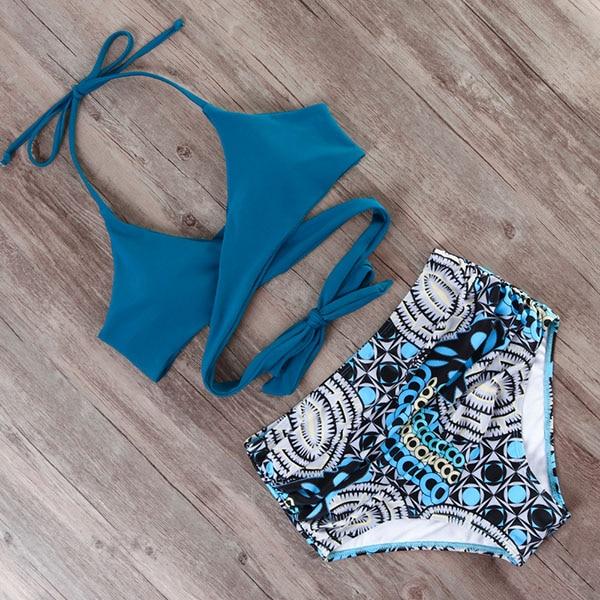 Sexy Bandage Bikinis Set Brazilian Print Bikini Women Front Cross Halter Push up Swimwear Floral Bottom 2 Piece Cute Swimsuits