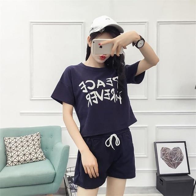 New Letter Print T shirt Shorts 2 piece set women O-Neck Sport Streetwear Short Sleeve Women Outfits Summer Sporting 2 Piece Set