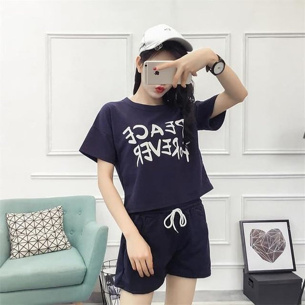New Letter Print T shirt Shorts 2 piece set women O-Neck Sport Streetwear Short Sleeve Women Outfits Summer Sporting 2 Piece Set