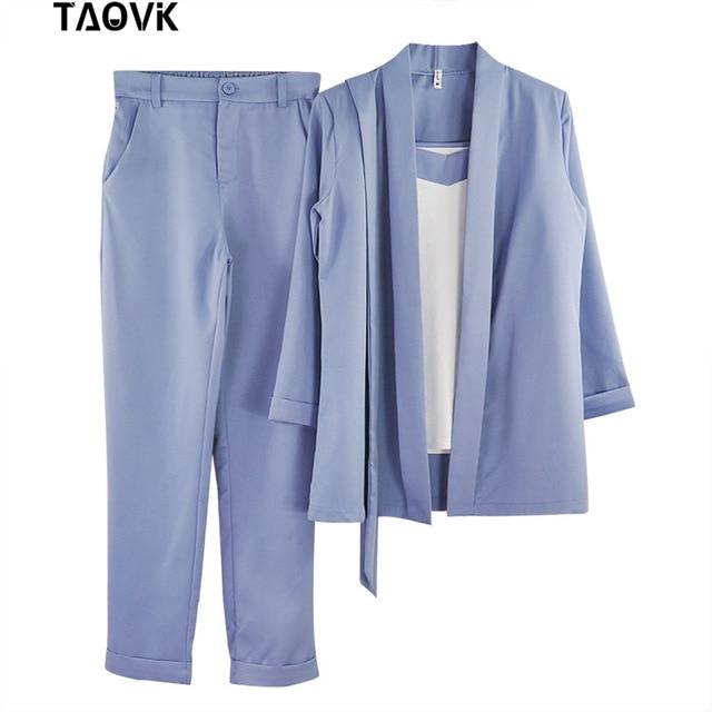 TAOVK Women 3 Pieces Set OL Pant Suit Bracelet Sleeve Belted Blazer Jacket and Sleeveless Vest Tops and Long Trouser Suits