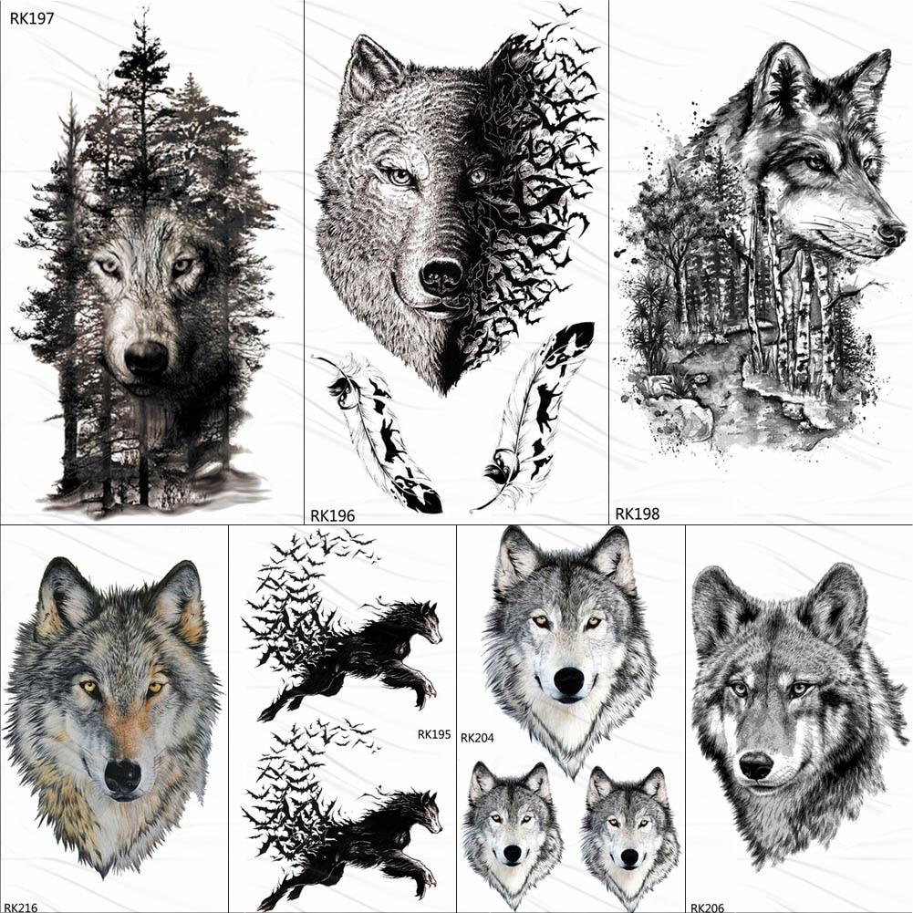 OMMGO Black Wolf Forest Tribal Feather Tattoos Temporary Sticker Tree Fierce Animal Fake Tattoo For Men Body Art Custom Tatoos