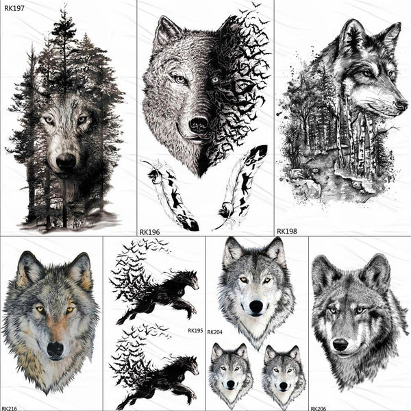 OMMGO Black Wolf Forest Tribal Feather Tattoos Temporary Sticker Tree Fierce Animal Fake Tattoo For Men Body Art Custom Tatoos