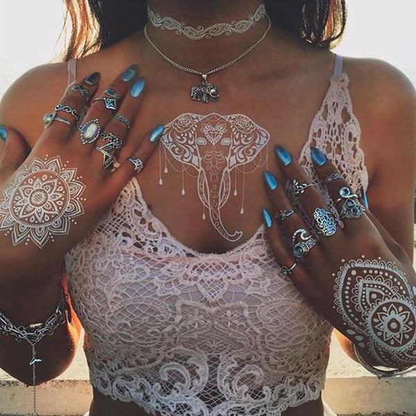 1Piece 14.8*20.8cm Indian Arabic Designs Lace Flash Tribal White Tattoo Paste Fake Tatoo Sticker Girls On Body Hand Choker