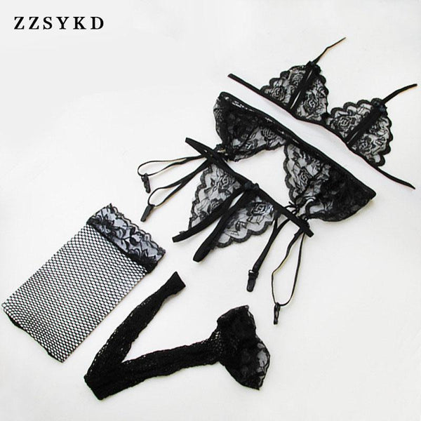 ZZSYKD 4PC/ Set Sexy Underwear Women Push Up Sexy Lace Floral Bra Transparent Open Cup Bra Panties Garters Sets Sujetador Mujer