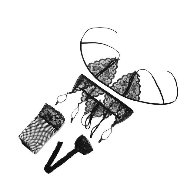 ZZSYKD 4PC/ Set Sexy Underwear Women Push Up Sexy Lace Floral Bra Transparent Open Cup Bra Panties Garters Sets Sujetador Mujer