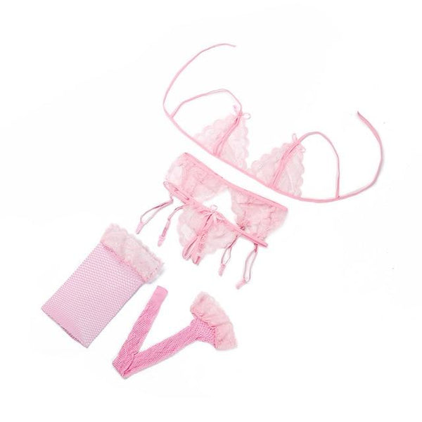 ZZSYKD 4PC/ Set Sexy Underwear Women Push Up Sexy Lace Floral Bra Transparent Open Cup Bra Panties Garters Sets Sujetador Mujer
