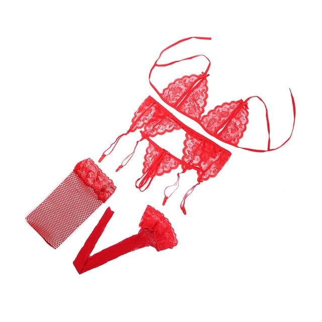 ZZSYKD 4PC/ Set Sexy Underwear Women Push Up Sexy Lace Floral Bra Transparent Open Cup Bra Panties Garters Sets Sujetador Mujer