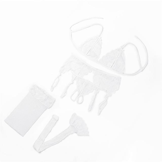 ZZSYKD 4PC/ Set Sexy Underwear Women Push Up Sexy Lace Floral Bra Transparent Open Cup Bra Panties Garters Sets Sujetador Mujer