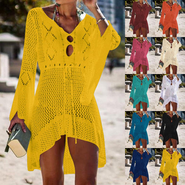 2019 Beach Cover Up Crochet Knitted Tassel Tie Beachwear Tunic Long Pareos Summer Swimsuit Cover Up Sexy See-through Beach Dress