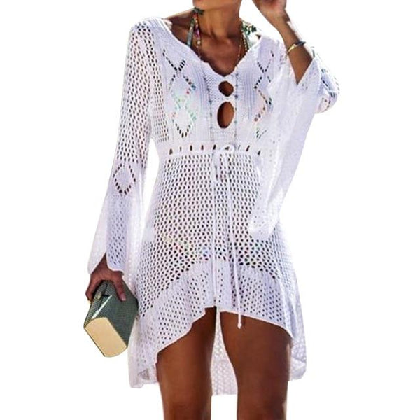 2019 Beach Cover Up Crochet Knitted Tassel Tie Beachwear Tunic Long Pareos Summer Swimsuit Cover Up Sexy See-through Beach Dress