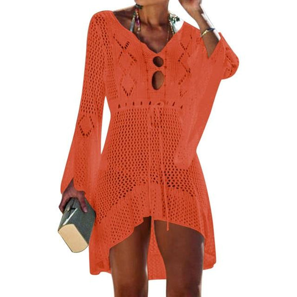 2019 Beach Cover Up Crochet Knitted Tassel Tie Beachwear Tunic Long Pareos Summer Swimsuit Cover Up Sexy See-through Beach Dress