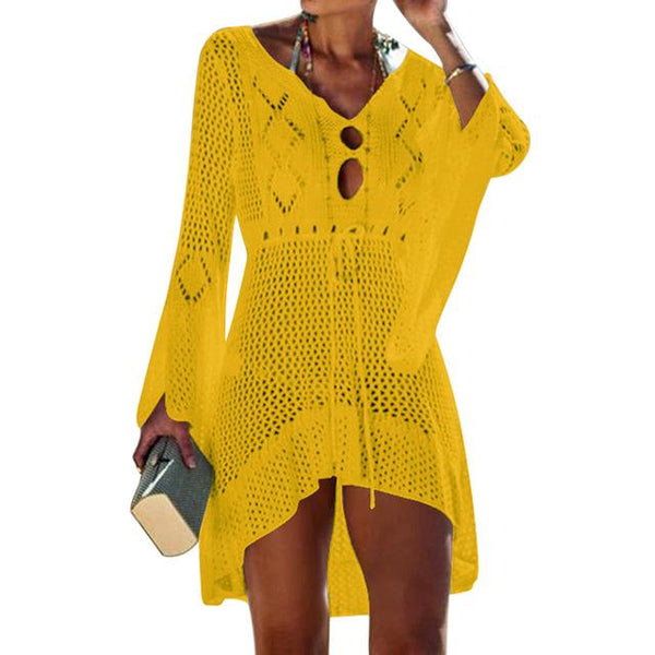 2019 Beach Cover Up Crochet Knitted Tassel Tie Beachwear Tunic Long Pareos Summer Swimsuit Cover Up Sexy See-through Beach Dress