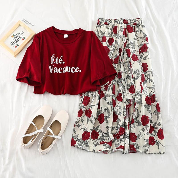 2019 new fashion women's two piece set Loose T-shirt blouse+ flounced floral chiffon skirts and long fitted H060