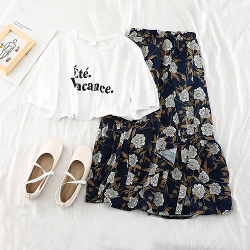 2019 new fashion women's two piece set Loose T-shirt blouse+ flounced floral chiffon skirts and long fitted H060