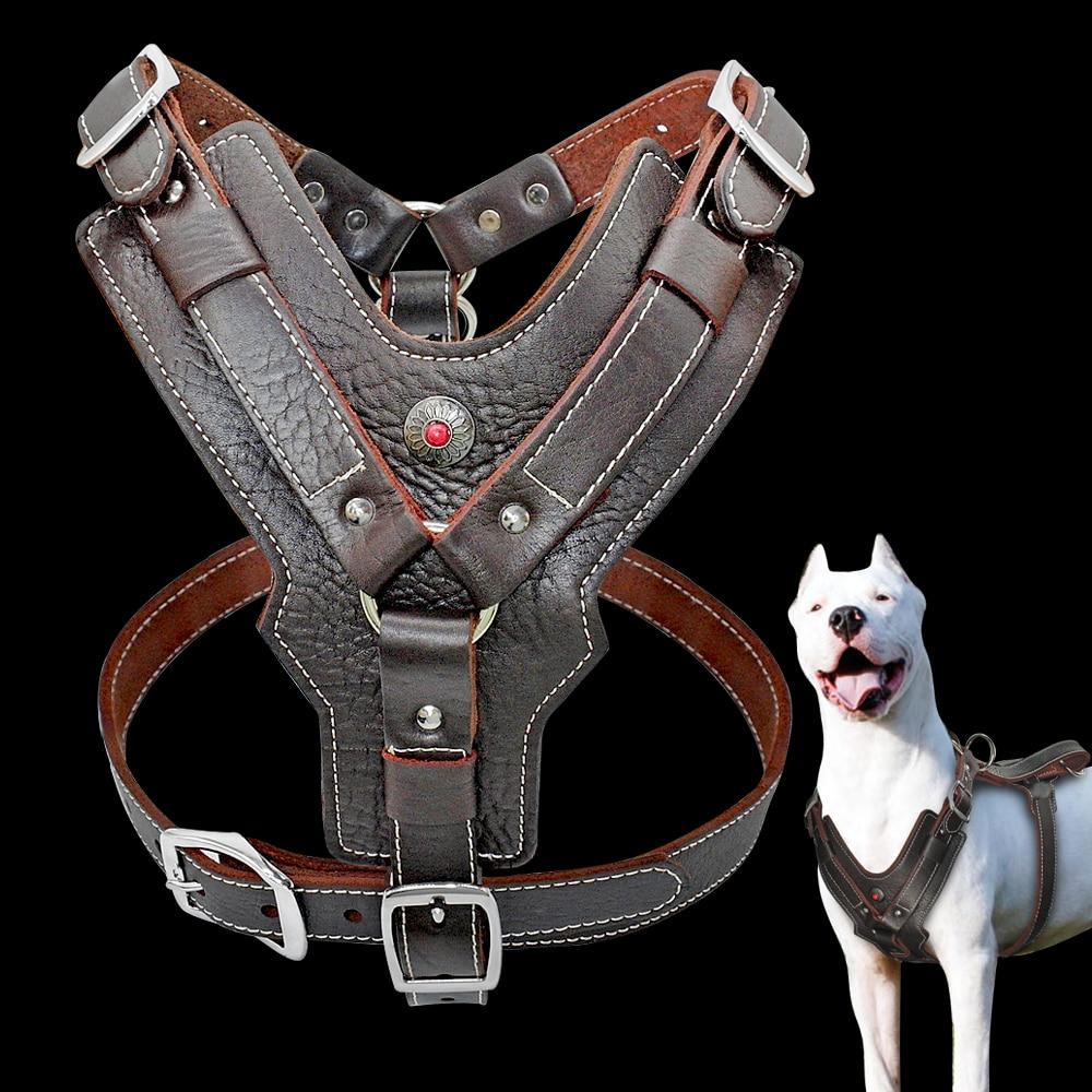 Genuine Leather Dog Harness for Large Dogs Pet Training Vest With Quick Control Handle Adjustable For Labrador Pitbull K9