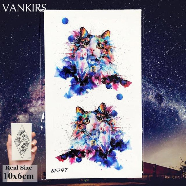 VANKIRS Watercolour Cats Temporary Tattoos Stickers Flash Women Arm Fake Tatoos Kid Stars Unicorn Cartoon Waterproof Tattoo Neck