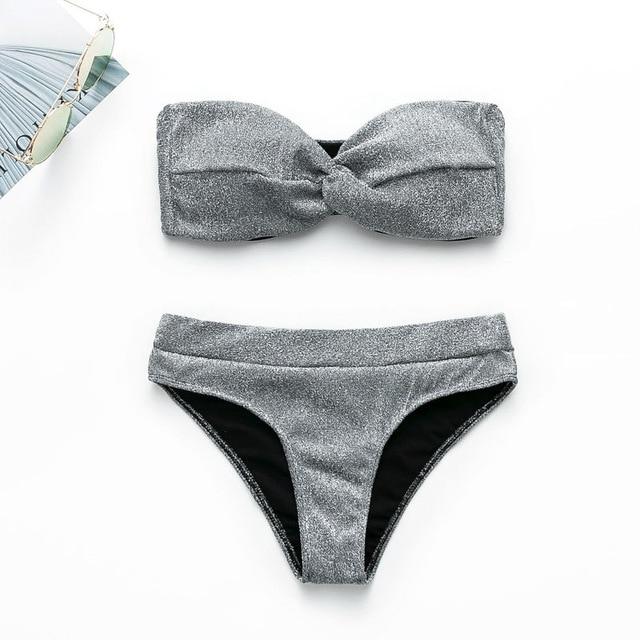 In-X Sexy thong bikini 2019 High cut swimsuit Silver push up bikini Shiny brazilian swimwear women bather Underwire Bathing suit
