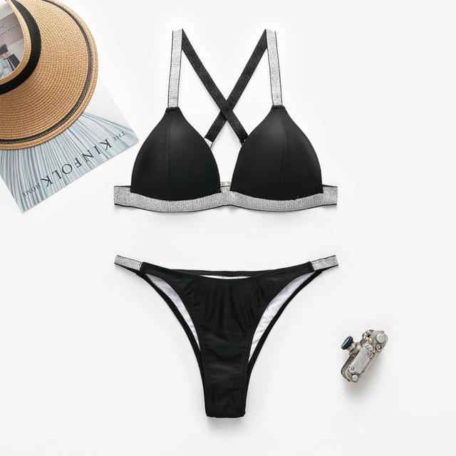 In-X Sexy thong bikini 2019 High cut swimsuit Silver push up bikini Shiny brazilian swimwear women bather Underwire Bathing suit