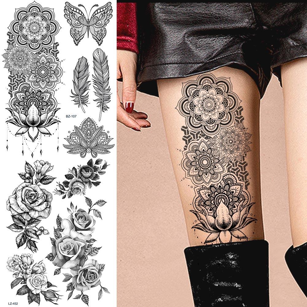 Large Black Henna Arm Tattoos Legs Bracelet India Mandala Flower Temporary Tattoo Mehndi Women Body Stickers Big Sexy Tattoo Art