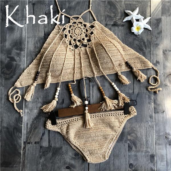 2019 tassel Design Hollow knitting Swimsuit Bikinis set Bohemia Women bathing costume Sexy ladies Tankini swimsuits swimwear