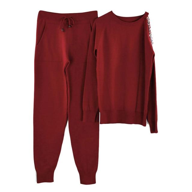 MVGIRLRU sweater suits diamond knitted suit open shoulder sleeve jumper tops and pants womens two piece sets