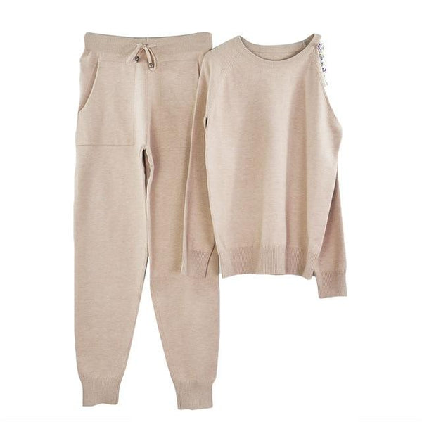 MVGIRLRU sweater suits diamond knitted suit open shoulder sleeve jumper tops and pants womens two piece sets