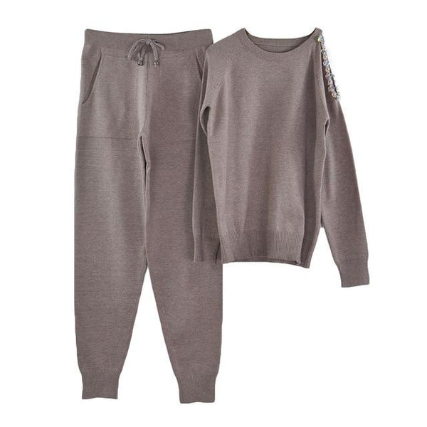 MVGIRLRU sweater suits diamond knitted suit open shoulder sleeve jumper tops and pants womens two piece sets