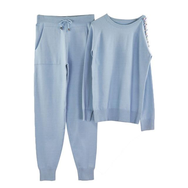 MVGIRLRU sweater suits diamond knitted suit open shoulder sleeve jumper tops and pants womens two piece sets