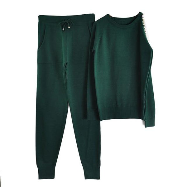MVGIRLRU sweater suits diamond knitted suit open shoulder sleeve jumper tops and pants womens two piece sets