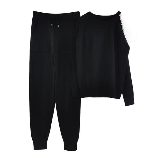 MVGIRLRU sweater suits diamond knitted suit open shoulder sleeve jumper tops and pants womens two piece sets